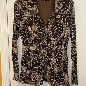 JANE + DELANCEY BRAND BROWN AND BLACK ABSTRACT DESIGN BLOUSE DOUBLE LINED SIZE M